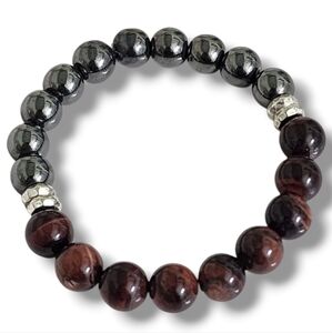 10MM Red Tiger's Eye Hematite Stretch Beaded Bracelet